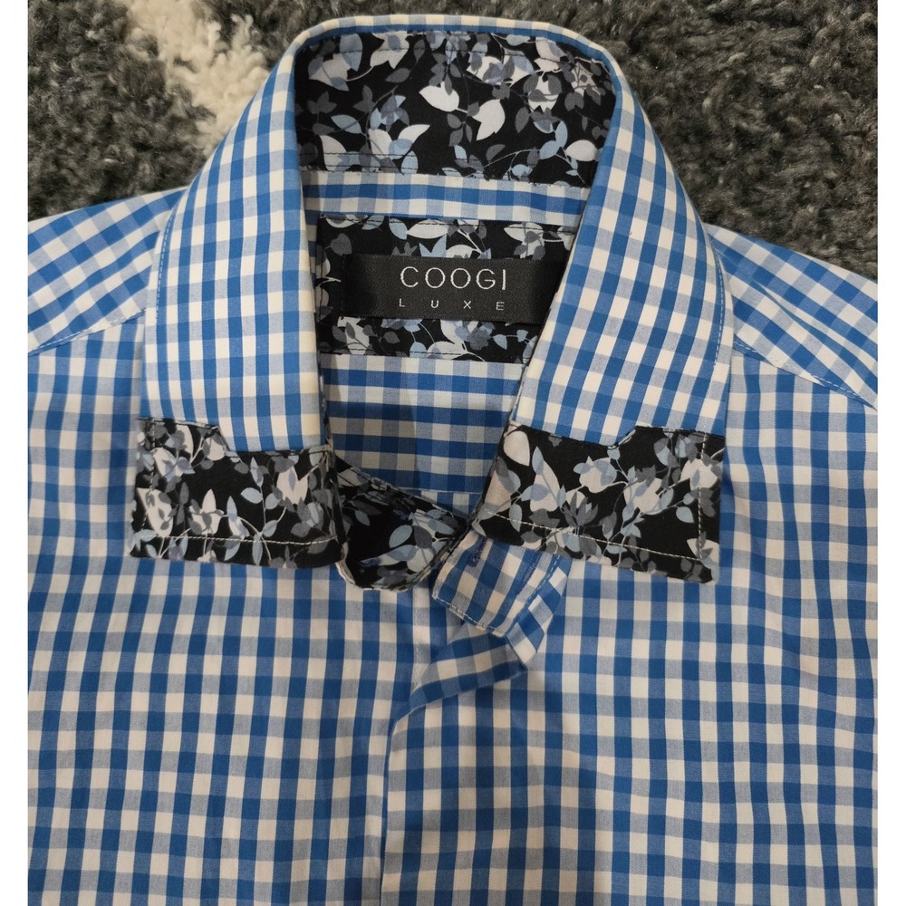 COOGI LUXE Dress Shirt Men's M 15 15.5 Blue White  Check Flip Cuff